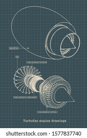 Stylized vector illustration of drawings of a jet engine compressor