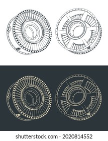 Stylized vector illustration of drawings of jet engine intake casing