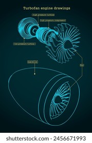 Ilustración vectorial estilizada de planos de un compresor de motor a reacción