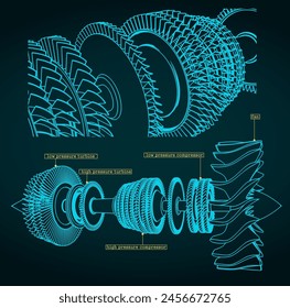 Stylized vector illustration of drawings of a jet engine compressor
