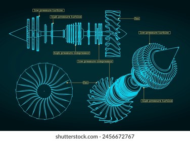 Stylized vector illustration of drawings of a jet engine compressor