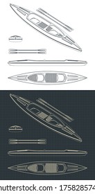 Stylized vector illustration of drawings of a kayak