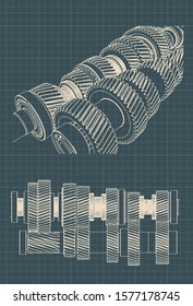 Stylized vector illustration of drawings of a mechanical gearbox