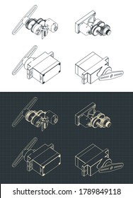 Stylized vector illustration of drawings of micro servos and their structures for education and robotics