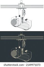 Stylized vector illustration of drawings of overhead crane with bunching grab