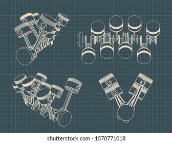 Stylized vector illustration of the drawings of a piston crank mechanism of an internal combustion engine