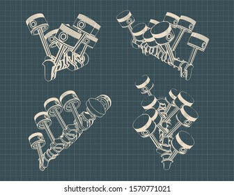 Stylized vector illustration of the drawings of a piston crank mechanism of an internal combustion engine