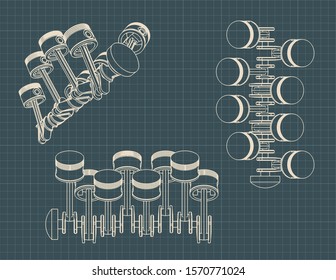 Stylized vector illustration of the drawings of a piston crank mechanism of an internal combustion engine