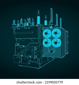 Stylized vector illustration of drawings of power transformer