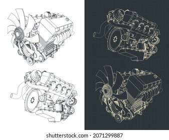 Stilvolle Vektorgrafik von Zeichnungen des leistungsstarken V8-Turbomotors