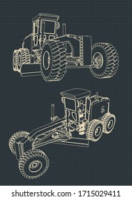 Stylized vector illustration of drawings of a road grader