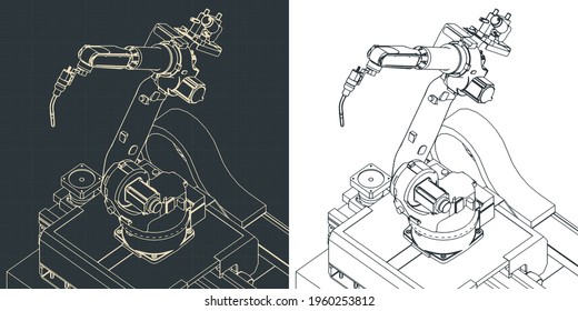 Stylized vector illustration of drawings of robotic welding machine for automated factory lines