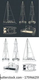 Stylized vector illustration of drawings of a sailing catamaran