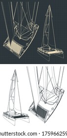 Stylized vector illustration of drawings of a sailing catamaran