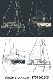 Stylized vector illustration of drawings of a sailing catamaran parts close up