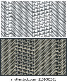 Stilvolle Vektorgrafik von Zeichnungen von Wolkenkratzer-Fassade, Nahaufnahme