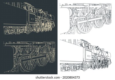 Stylized vector illustration of drawings of steam locomotive close-up