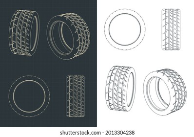 Stylized vector illustration of drawings of tire blueprints