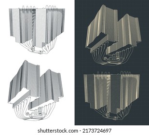 Stylized vector illustration of drawings of tower type CPU cooler