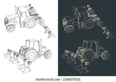 Ilustración vectorial estilizada de dibujos de tractores con equipo de arado