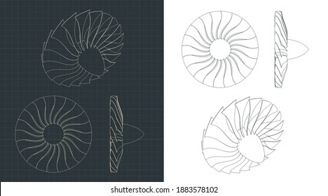 Stylized vector illustration of drawings of turbine blades