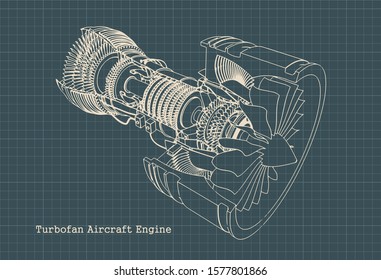 Stylized vector illustration drawings of a turbofan engine