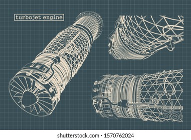 Stylized vector illustration of drawings of a turbojet engine