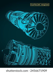 Stylized vector illustration of drawings of a turbojet engine