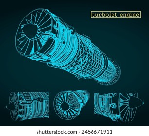 Stylized vector illustration of drawings of a turbojet engine