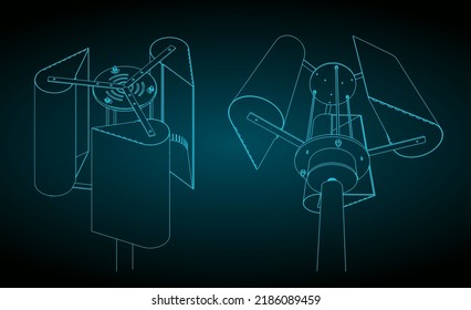 Stylized vector illustration of drawings of vertical axis wind turbine power generator