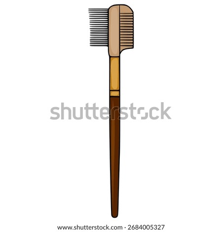 A stylized vector illustration of a dual-ended makeup brush featuring a comb on one side and a spoolie on the other, rendered with clean lines and a simple color palette of brown, beige, and black.