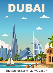 Stylized vector illustration of Dubai city landmarks with palm trees and a white sailboat