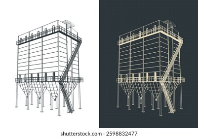 Stylized vector illustration of dust extraction system drawings