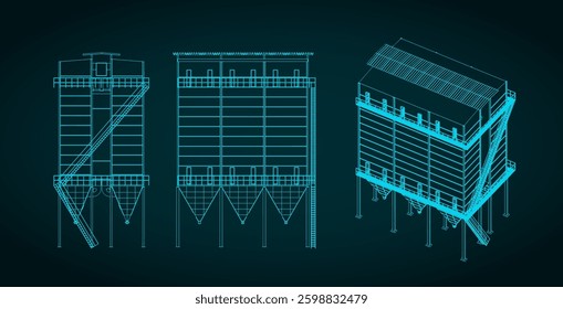 Stylized vector illustration of dust extraction system blueprints