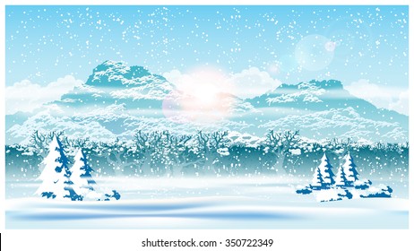 Stylized vector illustration of the edge of a winter forest during a snowfall. Seamless horizontally if needed