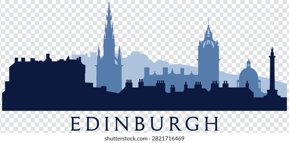 A stylized vector illustration of the Edinburgh city skyline, featuring iconic landmarks and architecture, presented in a clean, modern blue silhouette design.