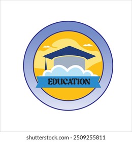 A stylized vector illustration of an educational emblem featuring a graduation cap against a backdrop of a sunrise or sunset.