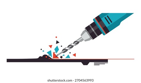 Stylized vector illustration of an electric drill boring a hole into a surface creating colorful abstract geometric debris and dust.