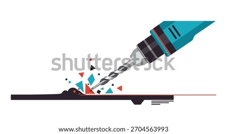 Stylized vector illustration of an electric drill boring a hole into a surface creating colorful abstract geometric debris and dust.