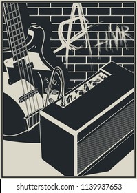 Stylized vector illustration of an electric guitar and guitar amplifier on a brick wall with graffiti background