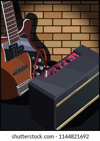 Stylized vector illustration of an electric guitar and guitar amplifier on a brick wall background