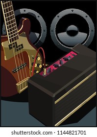 Stylized vector illustration of an electric guitar, guitar amplifier and powerful speaker.