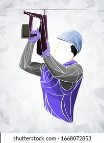 Stylized vector illustration of an electrician in protective gear working with high-voltage tools, depicted with geometric shapes and vibrant colors on abstract background.