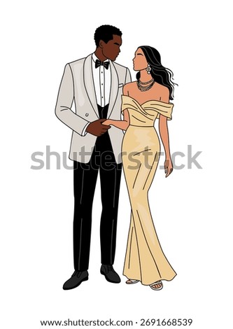 Stylized vector illustration of an elegant couple in formal evening wear — man in beige tuxedo, woman in gold gown with pearls — minimalist art style on white background