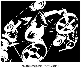 Stylized vector illustration of engine mechanisms with belt drives close up