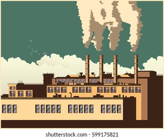 Stylized vector illustration of a factory in retro style