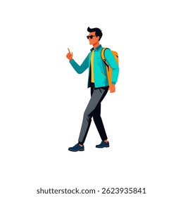 Stylized vector illustration of fashionable man walking with backpack and sunglasses on white background