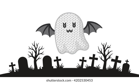 A stylized vector illustration featuring a ghost character with a yarn-like knitted texture and bat wings. The ghost is positioned in the center, floating above a black silhouette of a cemetery landscape. The scenery includes various tombstone shapes, crosses, leafless spooky trees, and tufts of grass against a plain white background. The entire composition is rendered in a monochromatic grayscale palette.