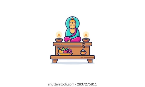 A stylized vector illustration featuring a golden Buddha statue in a meditative pose on a wooden table, flanked by two lit oil lamps, with a bowl of fruit and incense below