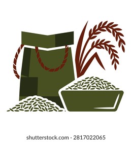 A stylized vector illustration featuring a green sack with a red rope handle, wheat stalks, scattered grains, and a bowl filled with